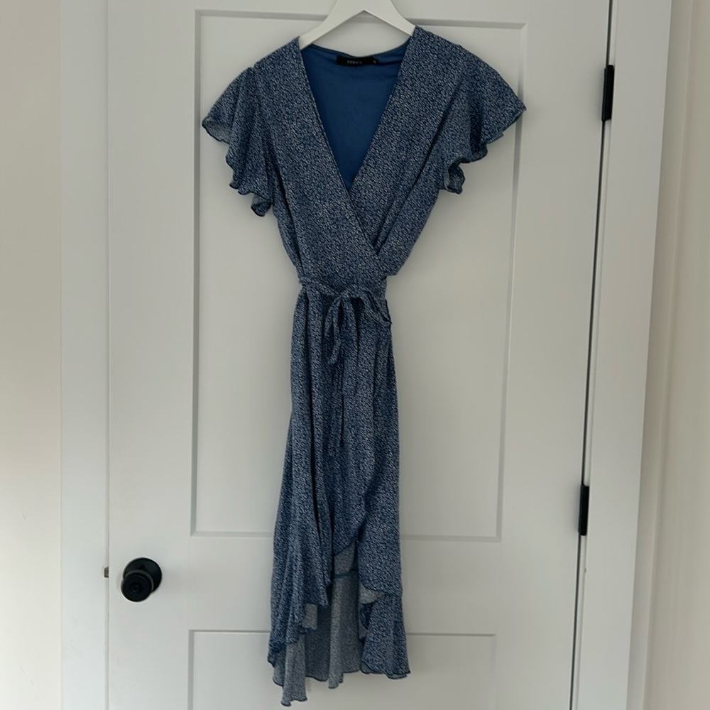 Blue floral wrap dress